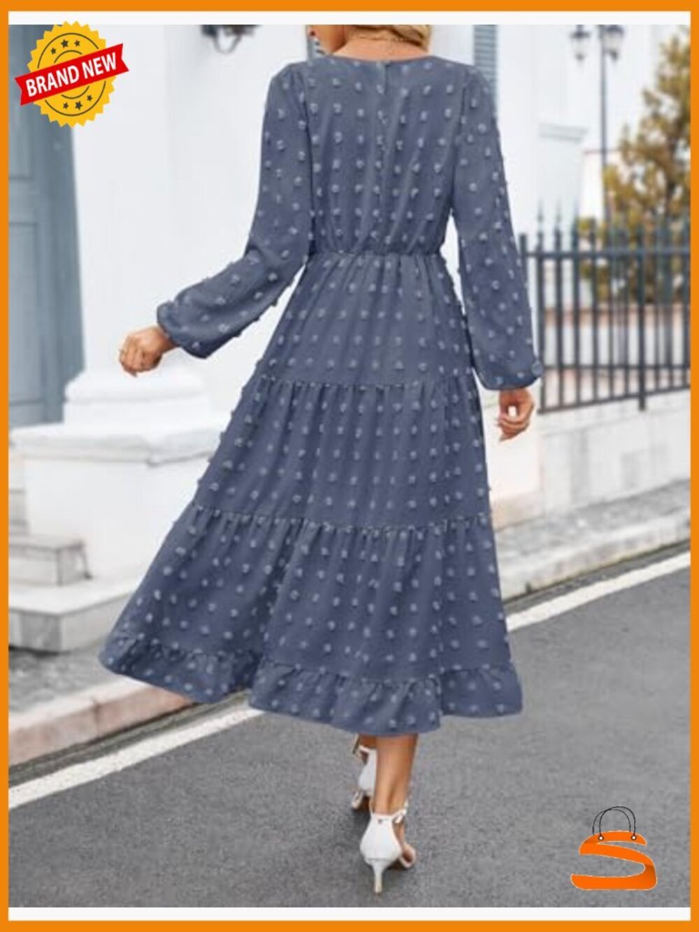Swiss Dot Long Sleeve Maxi Dress - Flowy A-Line Tiered Casual - Picture 4 of 7